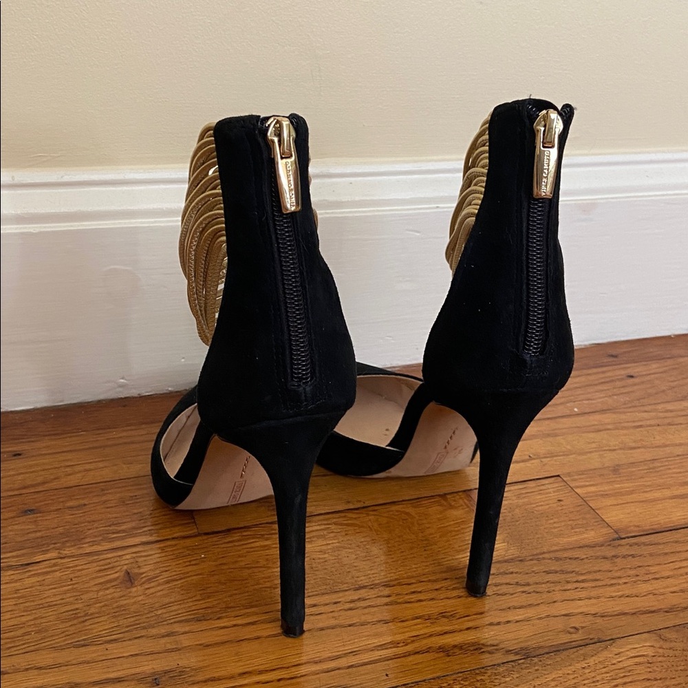 Vince Camuto Black Suede Heel with Gold Ankle Accent - Picture 4 of 6